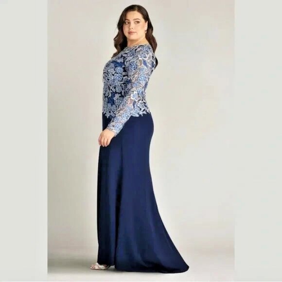 Tadashi Shoji Too Pacific Blue Embroidered Floral Lace Crepe Gown 24Q (3X) NWT - Picture 3 of 6